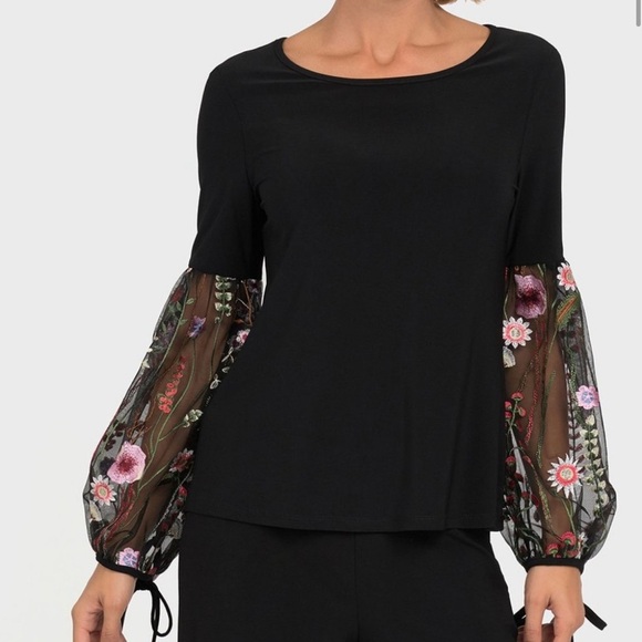 Joseph Ribkoff Black Jersey Top with Sheer Floral Sleeve - size 6. B8 - Picture 1 of 9